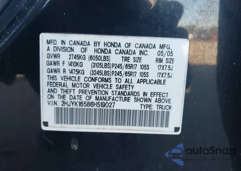 2006 Honda Ridgeline Rtl from USA, damaged, VIN 2HJYK16586H519027